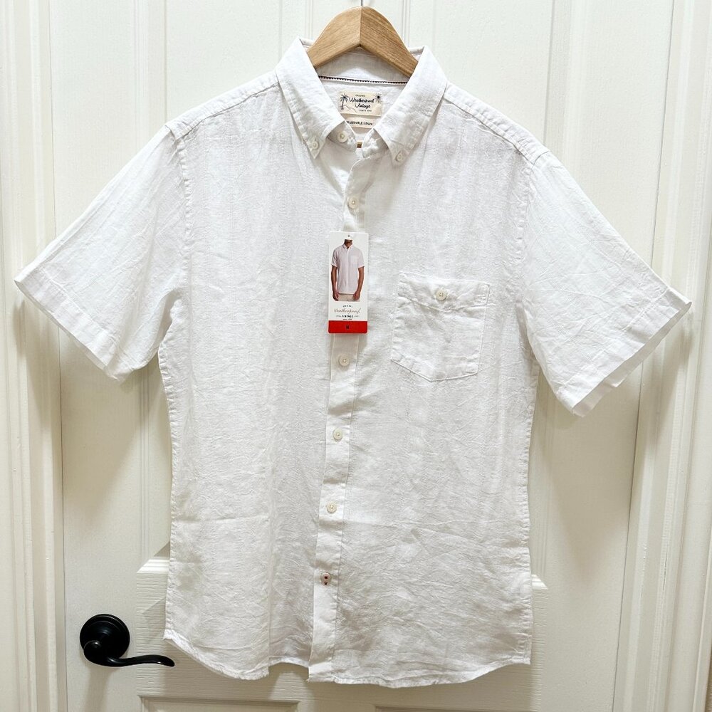 Weatherproof Men’s Linen Blend Woven Shirt Size M White Short Sleeve Coastal New